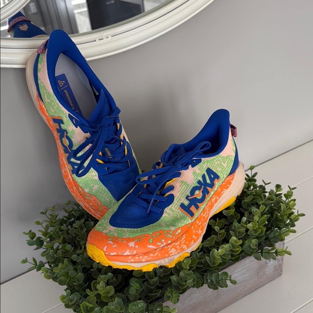 Hoka Speedgoat 6 Blue and Orange Athletic Kids Shoes Size 7